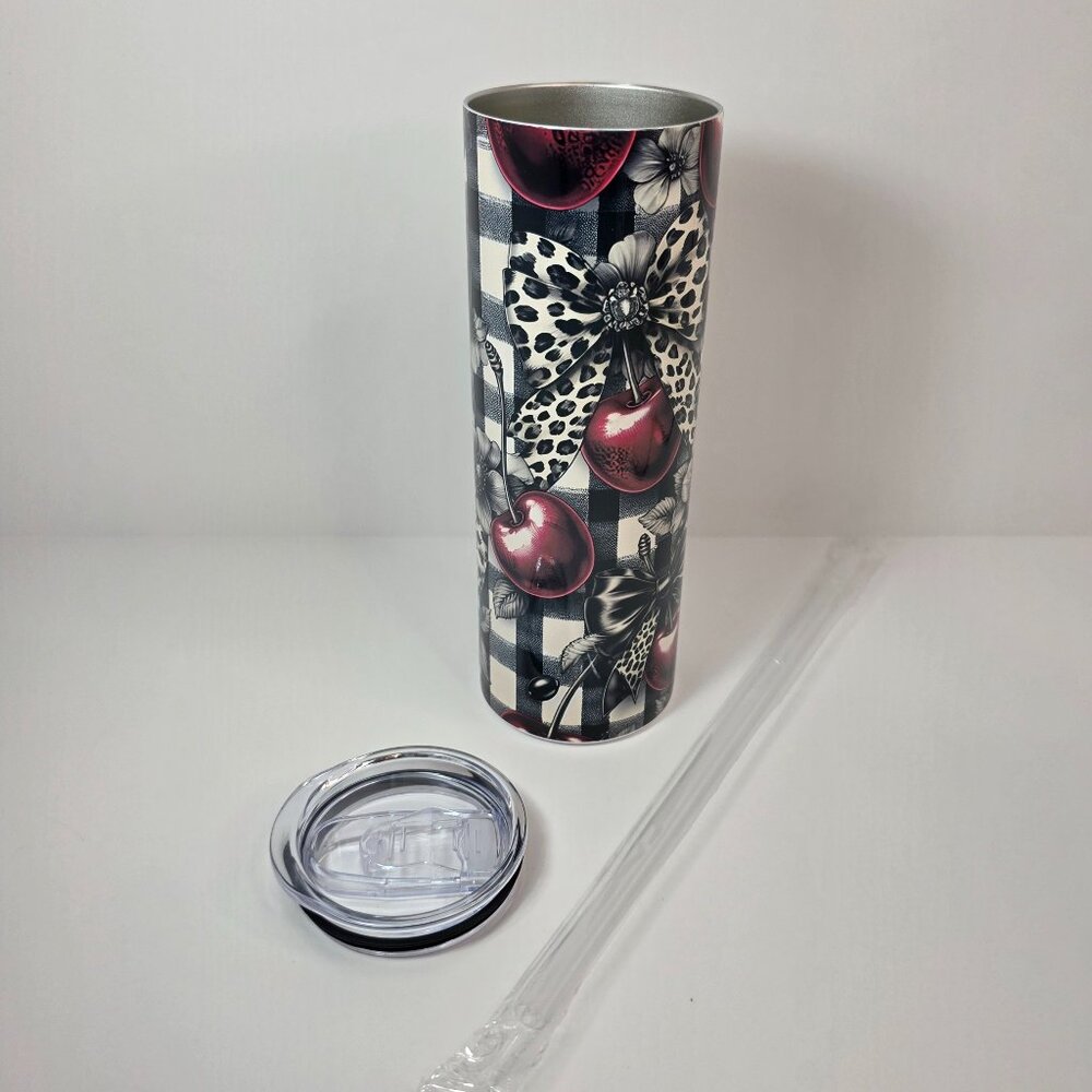 Rockabilly Cherry Leopard Bow 20 oz Skinny Tumbler | Retro Pinup Tumbler - Picture 4 of 7